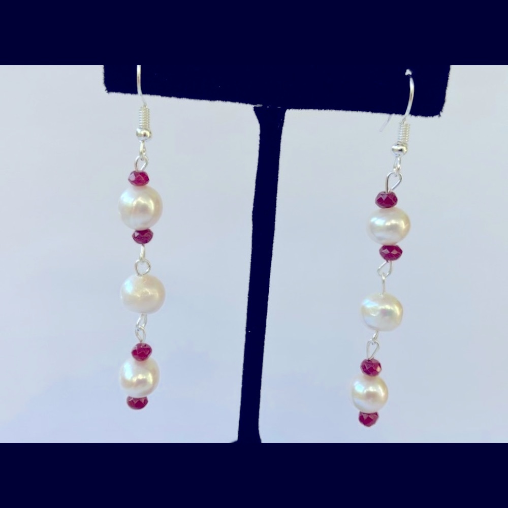 Real Freshwater Pearl and Real Ruby Earrings Hand Made. New